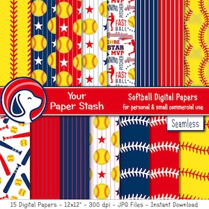 Softball Seamless Digital Scrapbook Paper, Red Navy Blue Softball Digital Background Patterns with Bats Balls Striped Designs Download