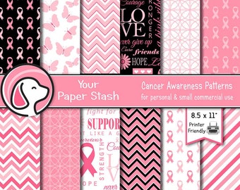 Breast Cancer Awareness Digital Paper, Pink Ribbon Backgrounds, Support Survivor Patterns, 8.5x11 Scrapbook Pack