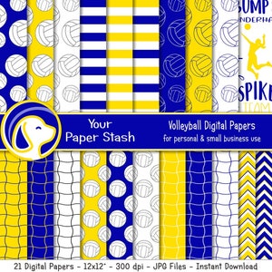Royal Blue Yellow Volleyball Digital Paper, Volleyball 12x12 Scrapbook Paper Background Patterns, Volleyball Downloads
