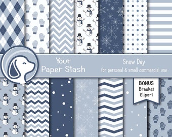 Snow Day Digital Paper Pack 12x12, Winter Snowflake Scrapbook Paper, Snowman Mitten Argyle Backgrounds