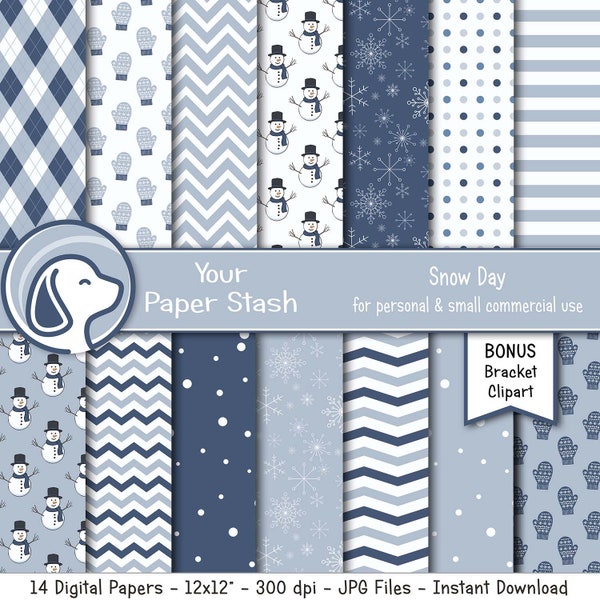 Snow Day Digital Paper Pack For Winter Scrapbook Pages, Frosty Snowman Digital Backgrounds, Light Blue Birthday Digital Papers