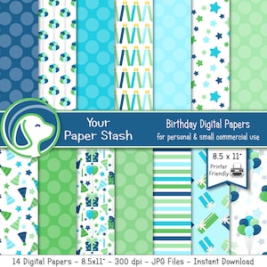 8.5x11 "Birthday Printable Digital Paper Pack, Boy Birthday Scrapbook Papers, Baby Boy Birthday Digital Papers, Commercial Use Download