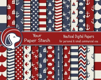 May include: A set of 26 digital papers featuring nautical themes. The papers are in red, white, and blue with various patterns including stripes, polka dots, anchors, sailboats, and stars. The papers are 12x12 inches and 300 dpi.