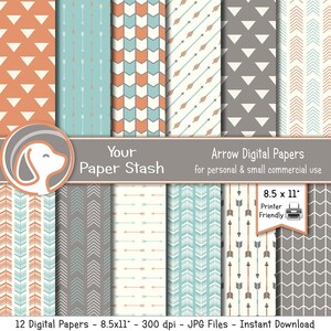 Boho Arrow Digital Paper 8.5x11, Terracotta Neutral Scrapbook Backgrounds, Southwest Arrow Patterns