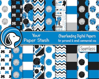 Cheer Team Cheerleader Digital Paper Pack, Blue Gray Black Cheerleading Digital Paper Patterns, Pom Pom Megaphone Patterns