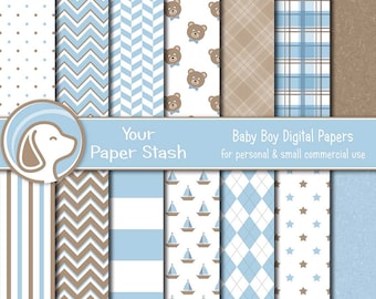 Baby Blue Digital Paper Pack, Baby Shower Gender Reveal Scrapbook Paper, Teddy Bear 1st Birthday Boy, Commercial Use