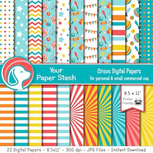 8.5x11" Circus Carnival Themed Birthday Digital Scrapbook Papers, Big Top Circus Tent Backgrounds Printable Paper Instant Download