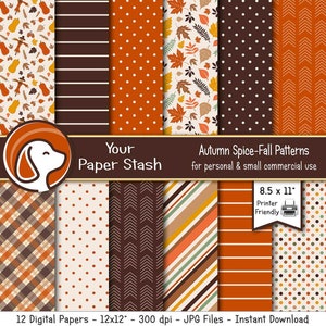 May include: Twelve digital papers featuring autumn-themed patterns in orange, brown, and white. The patterns include plaid, polka dots, stripes, and leaves. The papers are 12 inches by 12 inches and 300 dpi. They are available for personal and small commercial use.