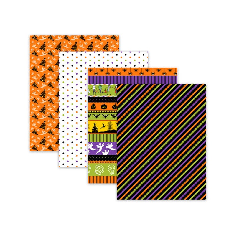 High-resolution Halloween papers with traditional patterns like stripes and polka dots, perfect for crafting or party decor; Spooky digital paper bundle in JPG format with bold Halloween motifs on green, orange, purple, and white backgrounds