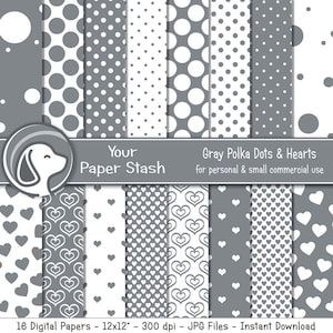 Gray Polka Dot & Heart Digital Paper Pack for Wedding Invitations Party Favors Digital Cards, Polka Dot Scrapbook Pages