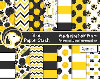 Seamless Cheerleader Digital Scrapbook Papers, Black Yellow Pompom Digital Patterns and Backgrounds, Cheer Download