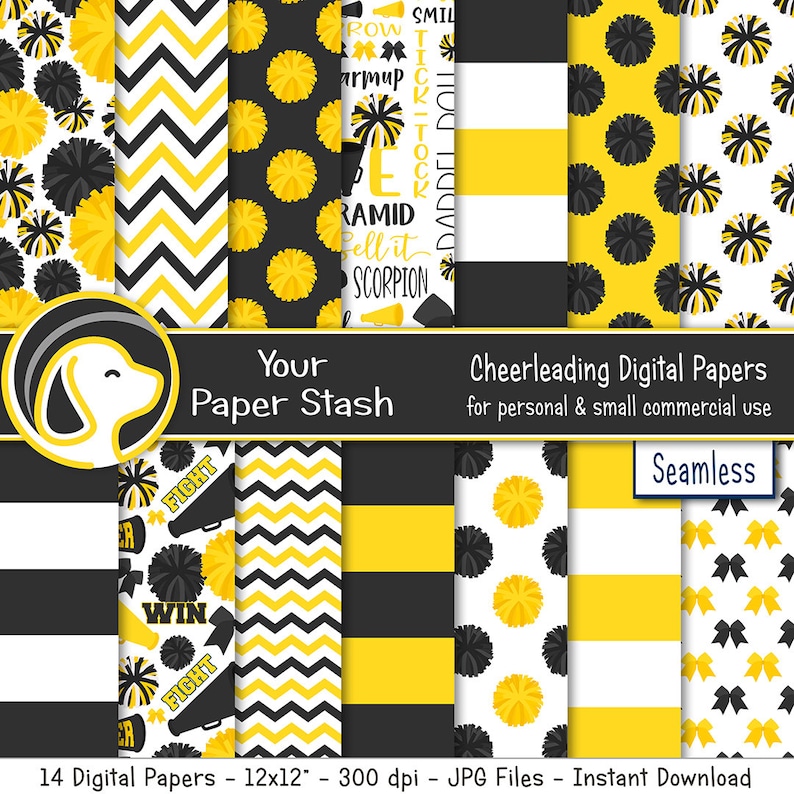 Yellow Cheer Pattern Cheerleader Digital Paper, Seamless Black and Yellow Cheer Scrapbook ...