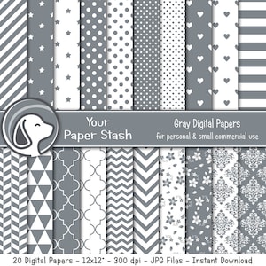 Paquete de papel de scrapbook digital gris con Chevrons Stripes Polka Dots Silver Star Fondos, Aniversario de Cumpleaños y Boda Documentos Digitales