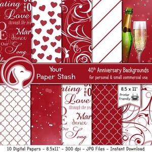 Pakiet papieru cyfrowego do druku na 40. rocznicę, Ruby Red Anniversary Scrapbook Papers & Backgrounds, Projekt kieliszka szampana, Zastosowanie komercyjne