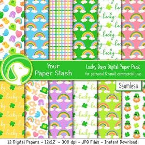 Paquete de papel digital para álbum de recortes del Día de San Patricio, fondos de arcoíris primaverales, diseños de patrones digitales de duendes con tréboles de la suerte