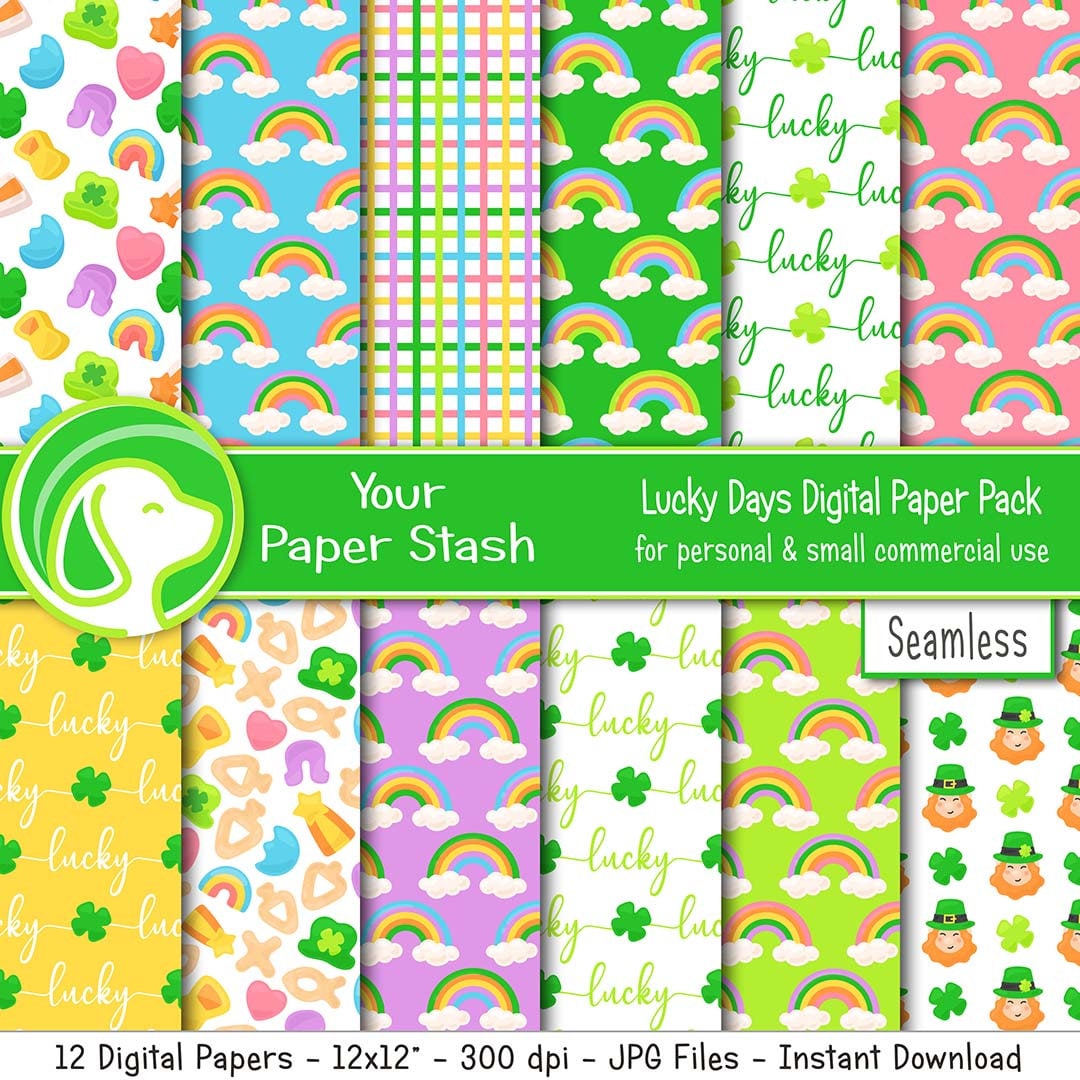 St. Patrick's Day Digital Scrapbook Paper Pack, Spring Rainbow Backgrounds, Lucky Shamrock Leprechaun Digital Pattern Designs