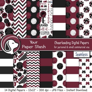 Seamless Cheerleading Digital Scrapbook Papers, Maroon Burgundy Cheer Team Digital Paper Patterns, Pom Pom Megaphone Cheerleader Backgrounds