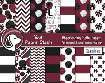 Seamless Cheerleading Digital Scrapbook Papers, Maroon Burgundy Cheer Team Digital Paper Patterns, Pom Pom Megaphone Cheerleader Backgrounds