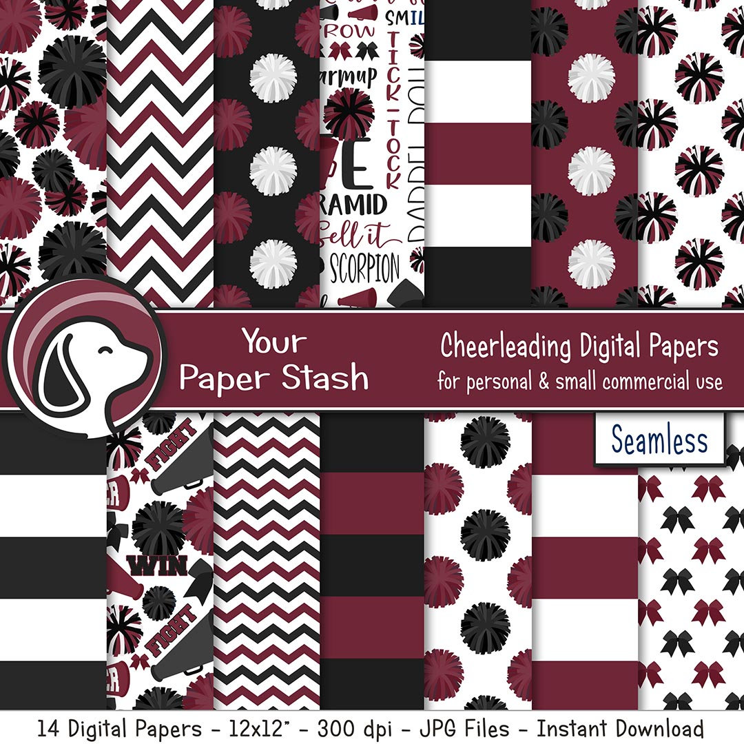 Maroon Black Cheerleading Digital Paper Pack, Pom Megaphone Patterns ...