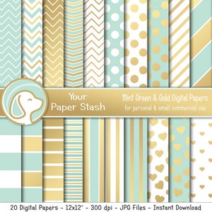 Mint Green & Gold Digital Paper With Chevrons Stripes Polka Dots and Hearts, Spring Easter Digital Scrapbook Papers, Commercial Use