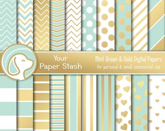 Cyfrowy papier w kolorze miętowo-zielonym i złotym z szewronami, kropkami i sercami, wiosenny i wielkanocny papier do scrapbookingu, do użytku komercyjnego