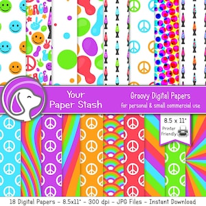 Printable Groovy Retro 60s Themed Digital Paper Pack, Smiley Face Peace Sign Lava Lamp Digital Scrapbook Paper Collage Sheets Download