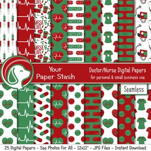Kerst arts verpleegkundige naadloze digitale papieren, verpleegkundige leven hartslag EKG medische achtergrondpatronen in rood en groen, Instant Download