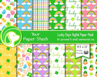 Printable St. Patrick's Day Digital Papers, Leprechaun Rainbow Lucky Marshmallow Backgrounds, Spring Rainbow Scrapbook Paper Download