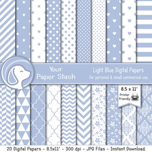 8.5x11 Light Blue Digital Scrapbook Papers and Backgrounds, Printable Blue Digital Papers for Baby Showers & 1st Birthday, Instant Download