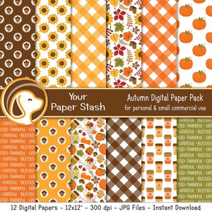 Autumn Digital Scrapbook Papers and Backgrounds, Pumpkin Spice Gingham Fall Leaves Thanksgiving Halloween Digital Paper Pack Download