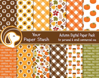 May include: A digital paper pack with 12 autumn-themed patterns. The patterns include sunflowers, pumpkins, acorns, leaves, plaid, and coffee cups. The text "Your Paper Stash" and "Autumn Digital Paper Pack" is included in the image. The text "for personal & small commercial use" is also included in the image.
