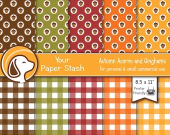 Paquete de papeles digitales con diseño de bellotas otoñales (8.5 x 11 pulgadas), papel para álbumes de recortes con estampado de cuadros de Acción de Gracias, fondos para festivales de otoño.