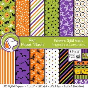 12 Halloween digital papers with ghosts, spiders, bats, stripes, and polka dots in orange, purple, green, and black; Printable Halloween scrapbook papers featuring spooky icons like pumpkins, cats, witches, and haunted houses