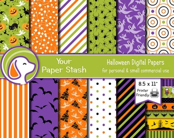 Halloween Digital Papers & Backgrounds with Haunted Houses, Ghosts, Bats, Spiders, Pumpkins, Halloween Paper Kids Craft Supplies / HAL101