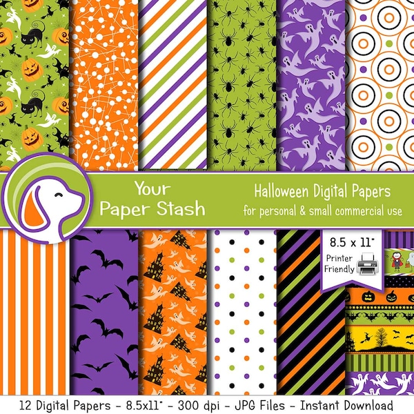 Halloween Digital Papers & Backgrounds with Haunted Houses, Ghosts, Bats, Spiders, Pumpkins, Halloween Paper Kids Craft Supplies / HAL101