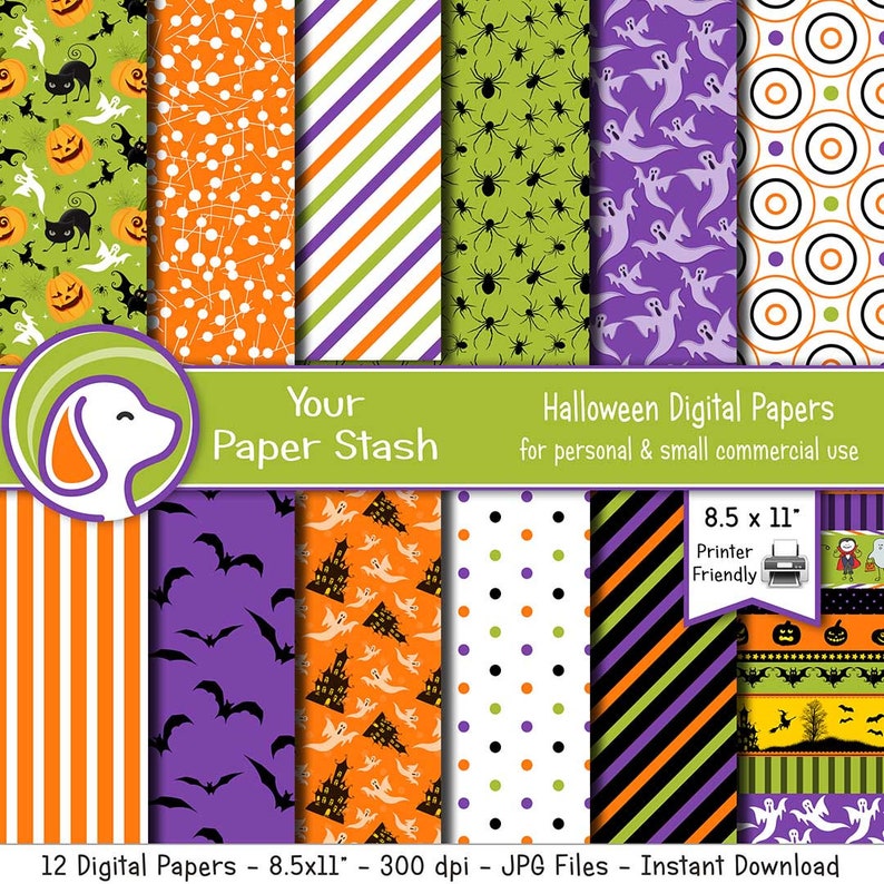 12 Halloween digital papers with ghosts, spiders, bats, stripes, and polka dots in orange, purple, green, and black; Printable Halloween scrapbook papers featuring spooky icons like pumpkins, cats, witches, and haunted houses
