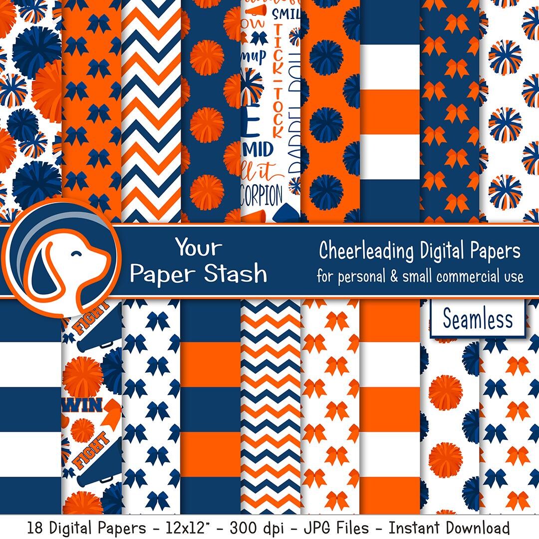 Seamless Cheerleading Digital Scrapbook Papers, Orange Navy Blue Cheer ...
