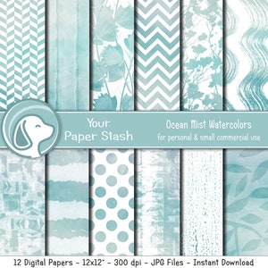 Watercolor Digital Paper Pack Seafoam Green Ocean Mist Floral Stripe Polka Dot Scrapbook Instant Download