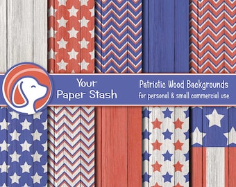 Rustic 4th of July Wood Digital Paper Backgrounds With Stars & Stripes, Red White Blue Americana Scrapbook Papers, Instant Download