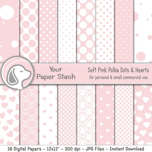 Confezione di carta digitale a forma di cuore rosa per San Valentino con motivi a pois, carta per scrapbooking rosa tenue per matrimoni e baby shower, scrapbooking di Pasqua