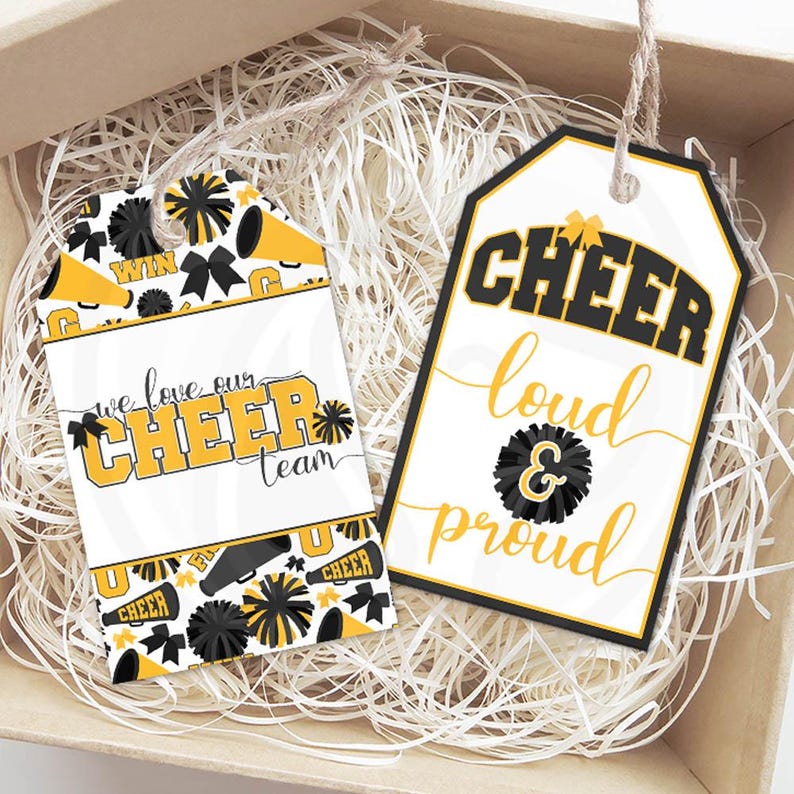 Printable Cheer Gift Tags, Black and Yellow Cheerleading Team Spirit ...