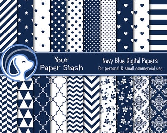 Navy Blue Digital Paper Pack, Patriotic Nautical Stripe Damask Scrapbook Backgrounds, Father's Day Boy Birthday Paper, Instant Download