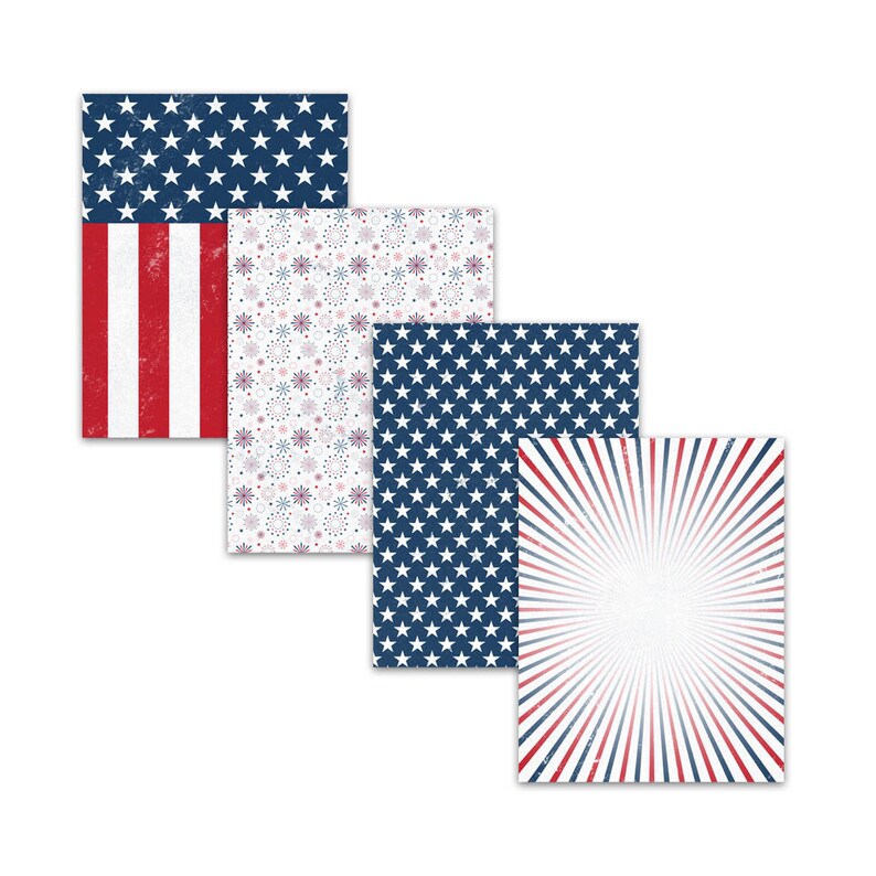 Distressed patriotic digital paper pack featuring red, white, and blue stars, stripes, chevrons, fireworks, and vintage-style textures in 8.5x11" 300dpi JPG backgrounds for scrapbooking, crafts, party décor, and Fourth of July printables.