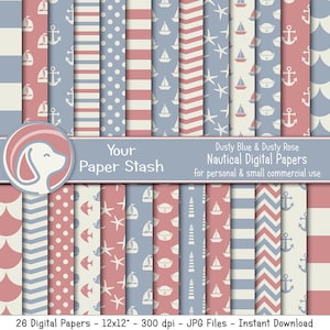 Nautical Digital Paper, Blue & Pink, Baby Boy, Baby Girl, Digital Paper Pack, Nautical, Nursery Paper, Scrapbooking Paper, Commercial Use