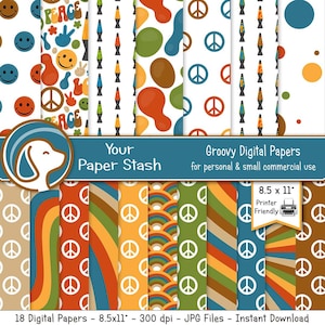 Afdrukbare Retro Groovy Digitale Scrapbook Papier, Vrede Hippie Smiley Gezicht Digitale Achtergronden, Retro Digitale Scrapbook Paper Pack Download