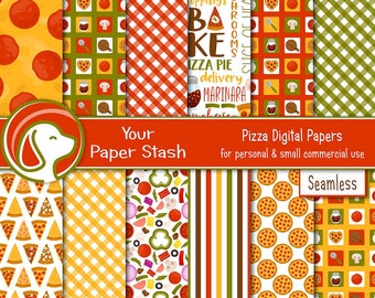 Pizza Pizzeria Digital Scrapbook Paper Backgrounds, Pepperoni Cheese Pizza Party Digital Paper Pack Download Collage Sheets Commercial Use