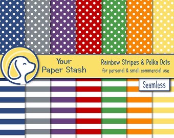 Rainbow Digital Paper Pack Primary Colors Polka Dot Stripe Back to School Scrapbook Instant Download