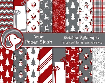 Christmas Digital Scrapbook Paper, Snowman Present Reindeer Santa Plaid Christmas Tree Digital Paper Pack Instant Download Commercial Use