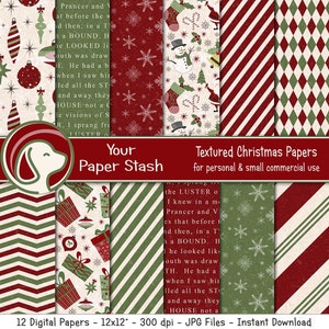 Martellata Natale Digital Scrapbook Papers, vecchio stile Scrapbook Paper w / ornamenti calze Argyle & strisce della canna di caramella