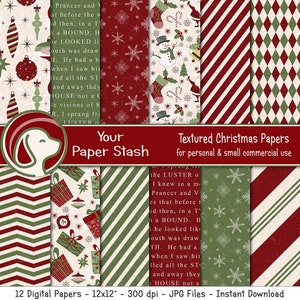 Textured Christmas Digital Scrapbook Papers, Old Fashioned Scrapbook Paper w/ Ornaments Stockings Argyle & Candy Cane Stripes